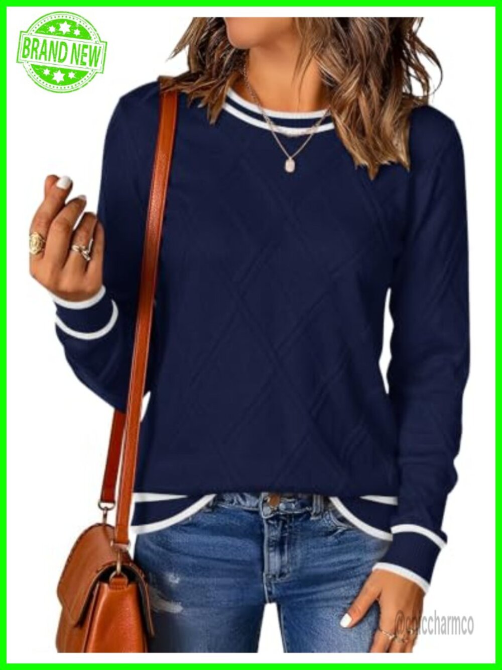 Women's Cable Knit Crew Neck Long Sleeve Pullover Sweater Fall Winter Top